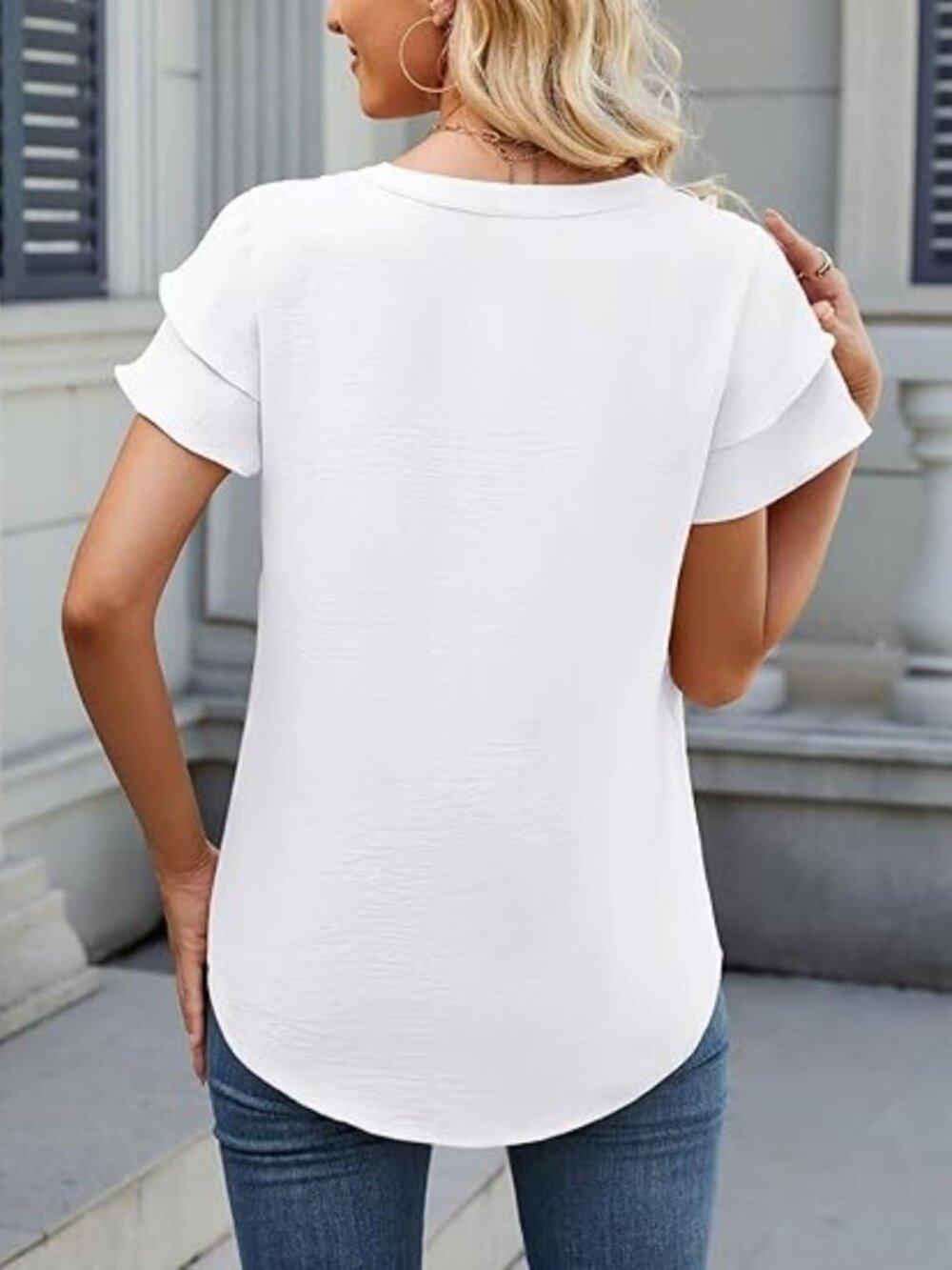 Large White Ruffle Front Short Sleeve Tiered V Neck Chiffon Blouse - Picture 5 of 7